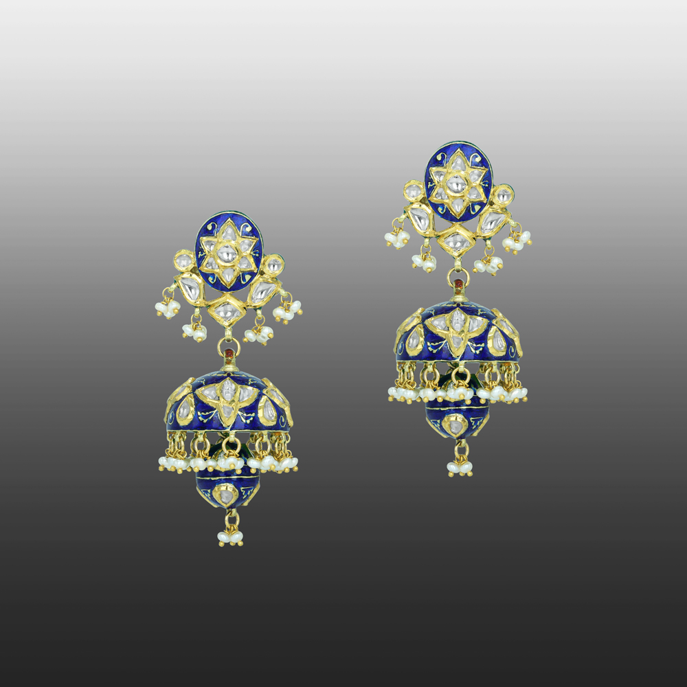 Polki Jhumki Earrings with Blue Enamel and Pearl Drops